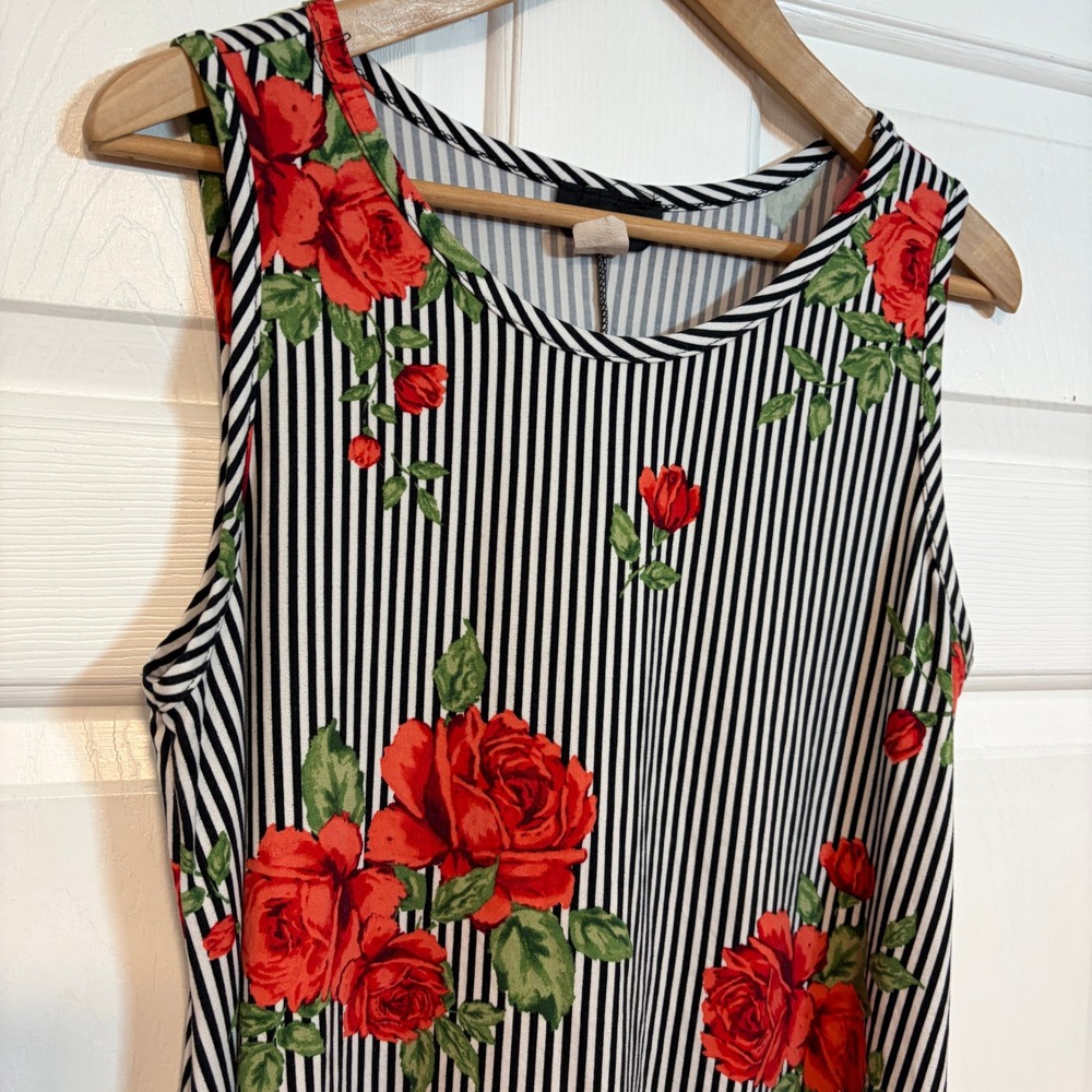 Discreet VTG 90s XL Red Rose Floral Black White Striped Tank Mini Dress Stretch